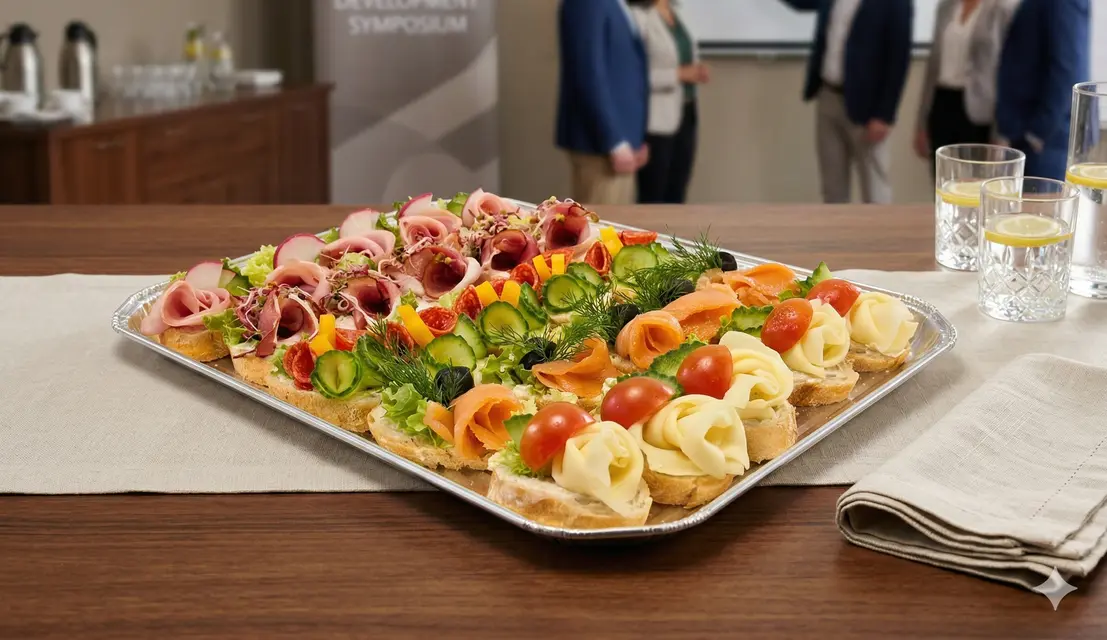 Stoły konferencyjne z eleganckimi boxami z kanapkami bankietowymi