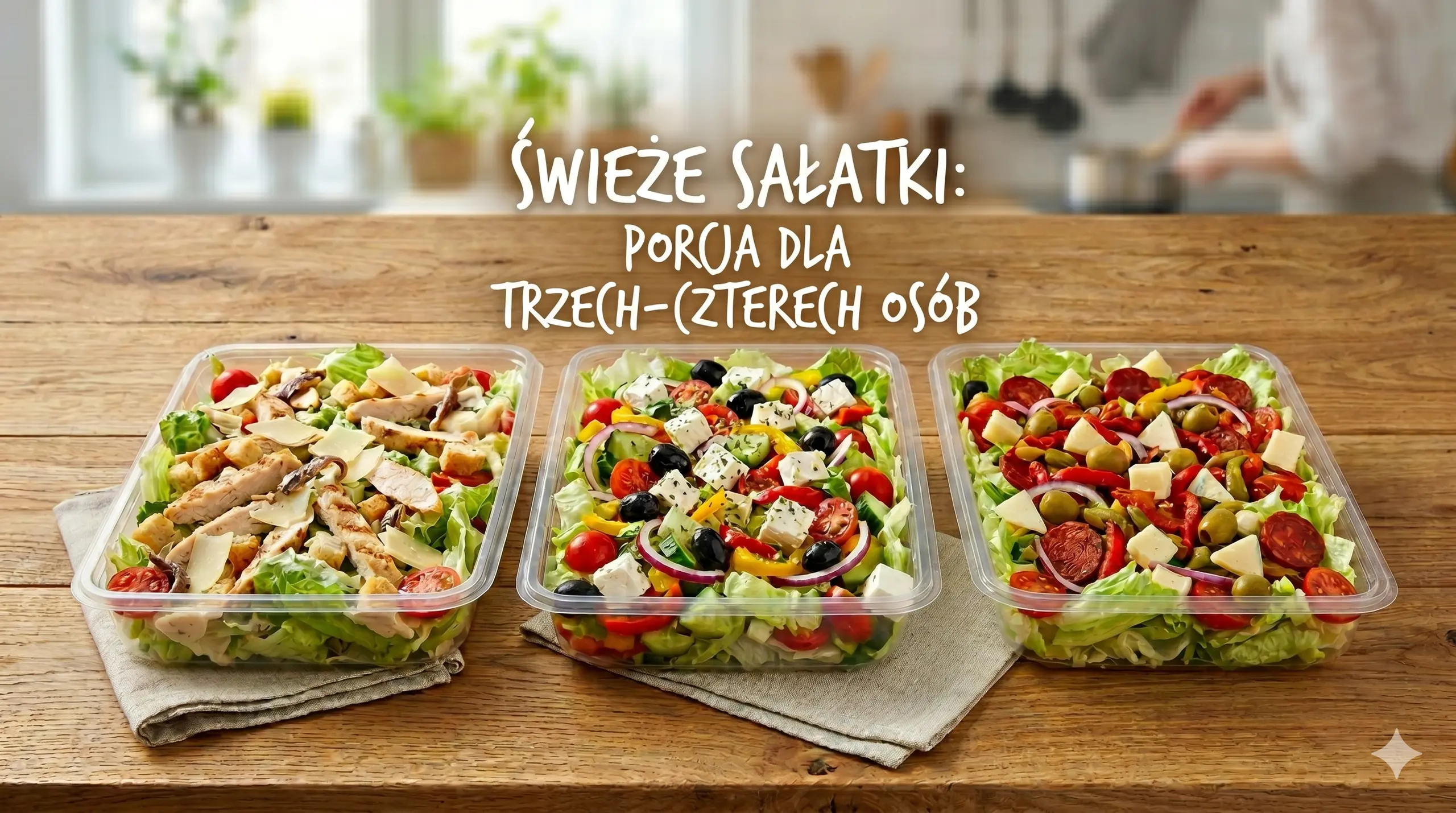 Różne świeże sałatki w pojemnikach cateringowych