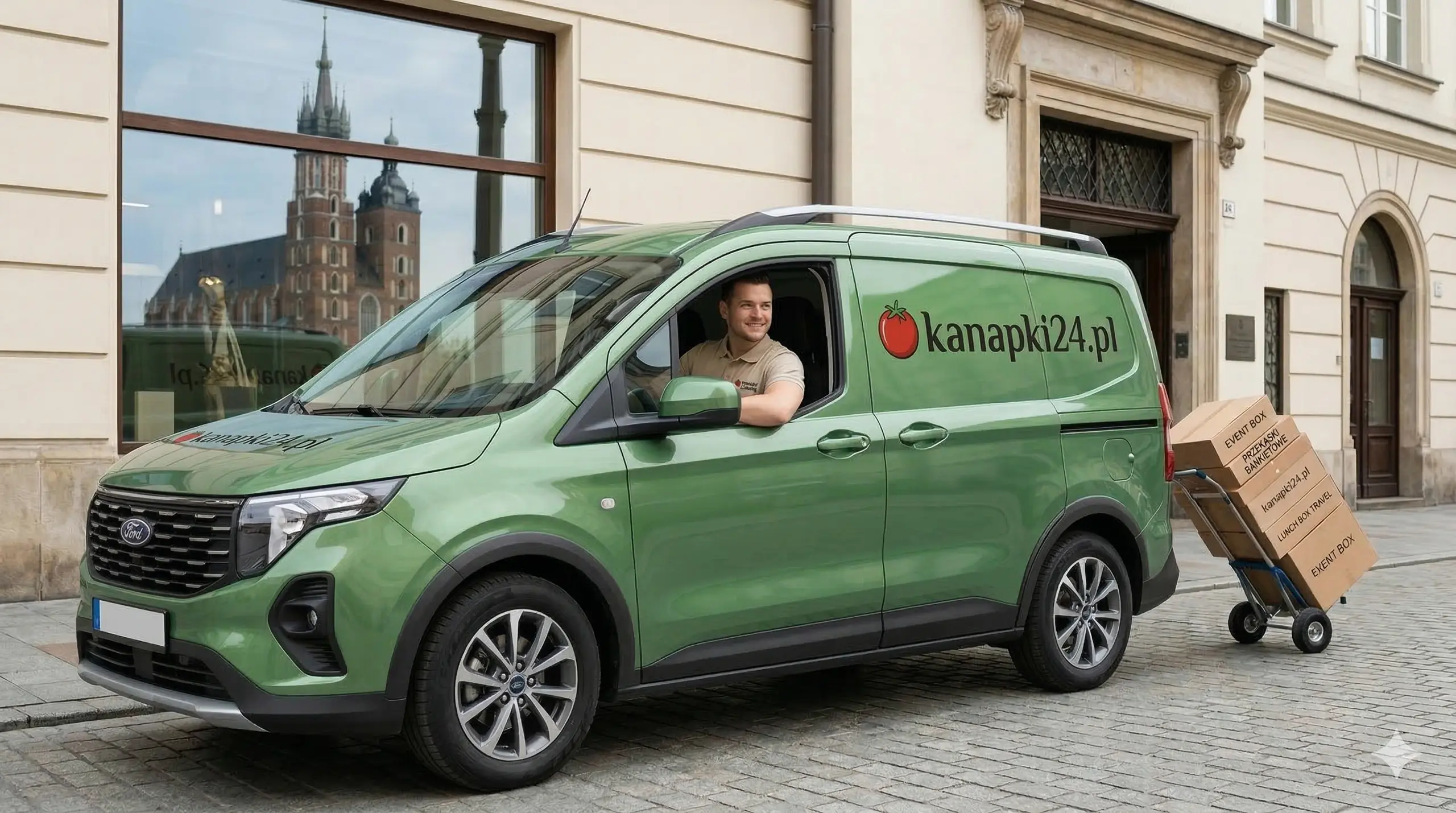 Samochód dostarczający pudełka cateringowe w mieście